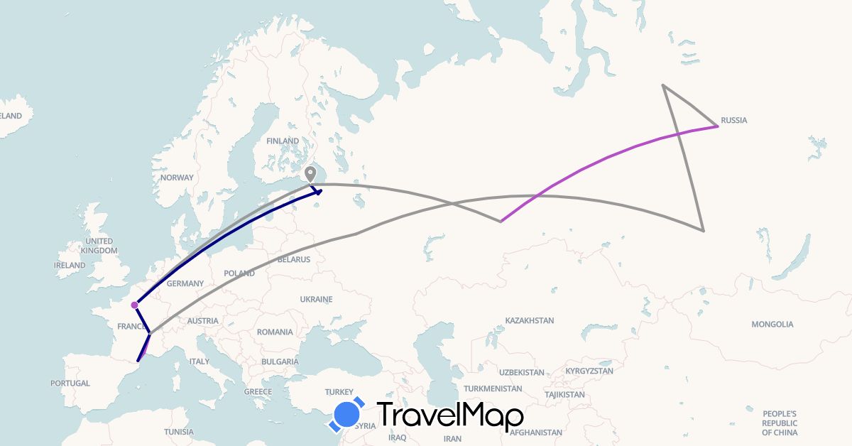 TravelMap itinerary: driving, plane, train in France, Russia (Europe)